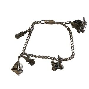 Antique Art Deco Metal Charm 7.￼25” Bracelet 5 Charms Ships Violin Binoculars